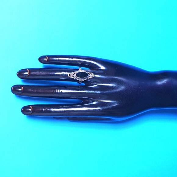 Rare Vintage 1940s Beaucraft Sterling Silver Filigree Black Onyx Adjustable Ring - Picture 9 of 12